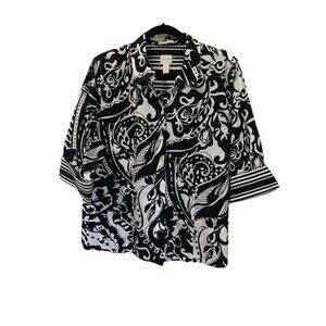 Chicos Size 3 Womens XL No Iron Top Black And White Artsy 100% Cotton